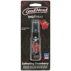 The product "GoodHead Tingle Spray" is available in a strawberry flavor, with a label featuring an image of a strawberry and the phrases, "For the Ultimate Oral Sex" and "Salivating Strawberry." These lickable sprays provide a tingling sensation without any sugar or parabens and come in a 1 fl oz spray bottle.