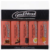A packaged set of "GoodHead Oral Delight Gel - Desserts" includes five tubes labeled: "Salted Caramel," "Strawberry Pie," "Chocolate Cupcake," "Vanilla Caramel," and "Orange Creamsicle." Each 1 fl. oz. (28 ml) tube features lickable flavors, making it an ideal edible oral-sex enhancer.