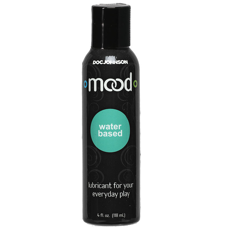 A black bottle of lubricant with the brand name "Doc Johnson" at the top features a label that reads "Mood Lubes," along with a blue-green circle stating "water based." It also says, "multipurpose lube for your everyday play." The bottle contains 4 fl. oz. (118 ml) of Mood Water Based Lube.