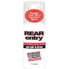 A bottle of "Ona Zee's Rear Entry" external analgesic anal lube, designed for an enjoyable anal experience. The label includes "Numbs Your Most Sensitive Spots" and is a part of "ONA ZEE'S Learning the Ropes B&D series." This 1.7 oz (48 g) bottle effectively desensitizes rectal tissues for comfort.