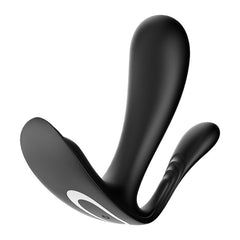 The Satisfyer Top Secret + G-Spot Vibrator in black is a sleek, dual-ended adult toy designed for both internal and external stimulation. It features an ergonomic shape with two curved ends of different lengths, delivering precise G-spot stimulation. The smooth surface is complemented by a silver accent near the base, merging luxury with functionality.