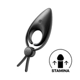 Introducing the Satisfyer Sniper - Black Vibrating Cock Ring: This sleek, black, body-safe silicone ring features an adjustable loop and a convenient power button on top. Positioned below to the right is an icon depicting a stylized phallic symbol with upward arrows and the word "STAMINA," highlighting enhanced performance. For extra pleasure, this adjustable penis ring comes equipped with 12 vibration programs.
