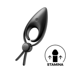 Introducing the Satisfyer Sniper - Black Vibrating Cock Ring: This sleek, black, body-safe silicone ring features an adjustable loop and a convenient power button on top. Positioned below to the right is an icon depicting a stylized phallic symbol with upward arrows and the word "STAMINA," highlighting enhanced performance. For extra pleasure, this adjustable penis ring comes equipped with 12 vibration programs.