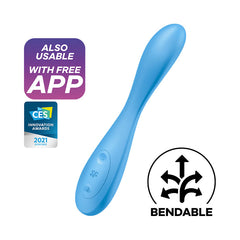 The Satisfyer G-Spot Vibrator Flex 4 is a blue, bendable device with an ergonomic shape and built-in buttons. Made from body-safe silicone, it pairs seamlessly with the Satisfyer Connect app. The image showcases its flexibility and includes text indicating it's usable with a free app. There is also a CES Innovation Awards 2021 badge.
