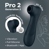 The Satisfyer Pro 2 Generation 3 with App Control - Black is a dark-colored clitoral stimulator that features Liquid Air Technology, a new cap, vibration, and full silicone construction. It also offers Bluetooth/app control via the Satisfyer Connect app and is accompanied by an abstract line drawing of a woman's face in the background.