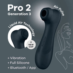 The Satisfyer Pro 2 Generation 3 with App Control - Black is a dark-colored clitoral stimulator that features Liquid Air Technology, a new cap, vibration, and full silicone construction. It also offers Bluetooth/app control via the Satisfyer Connect app and is accompanied by an abstract line drawing of a woman's face in the background.