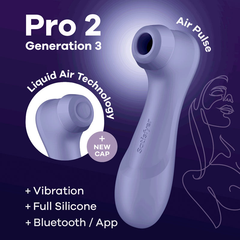 An image features the Satisfyer Pro 2 Generation 3 with App Control in Lilac, showcasing its highlighted features such as Air Pulse technology, Liquid Air Technology, a new cap design, vibration functionality, full silicone construction, and Bluetooth/app control via the Satisfyer Connect app. A silhouette of a woman appears on the right side of the image.
