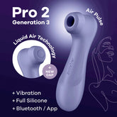 An image features the Satisfyer Pro 2 Generation 3 with App Control in Lilac, showcasing its highlighted features such as Air Pulse technology, Liquid Air Technology, a new cap design, vibration functionality, full silicone construction, and Bluetooth/app control via the Satisfyer Connect app. A silhouette of a woman appears on the right side of the image.