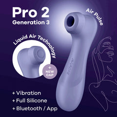 An image features the Satisfyer Pro 2 Generation 3 with App Control in Lilac, showcasing its highlighted features such as Air Pulse technology, Liquid Air Technology, a new cap design, vibration functionality, full silicone construction, and Bluetooth/app control via the Satisfyer Connect app. A silhouette of a woman appears on the right side of the image.