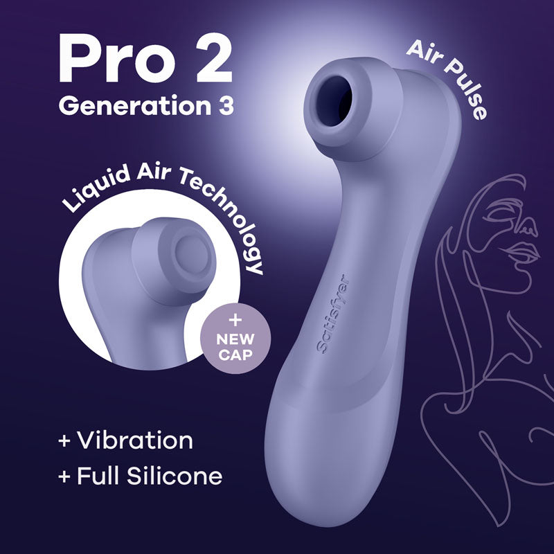 A promotional image for the "Satisfyer Pro 2 Generation 3 - Lilac," a purple device featuring Liquid Air Technology and an Air Pulse function. The image highlights new features: a new cap, vibration capabilities, and a full silicone body with enhanced air pressure waves. An outline of a woman's face is in the background.