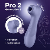 A promotional image for the "Satisfyer Pro 2 Generation 3 - Lilac," a purple device featuring Liquid Air Technology and an Air Pulse function. The image highlights new features: a new cap, vibration capabilities, and a full silicone body with enhanced air pressure waves. An outline of a woman's face is in the background.
