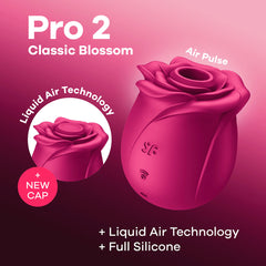 A promotional image for the Satisfyer Pro 2 Classic Blossom Air-pulse Vibrator showcases its pink, rose-shaped design, incorporating "Liquid Air Technology" and "Air Pulse" functions. The text emphasizes its innovative new cap, Liquid Air Technology, and comprehensive silicone construction.