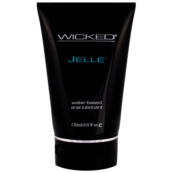 A black squeeze tube labeled "Wicked Jelle," featuring long-lasting, water-based anal lubricant. The 120 ml (4.0 fl oz) tube displays white and light blue text on the front.