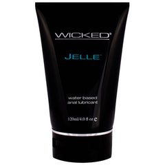 A black squeeze tube labeled "Wicked Jelle," featuring long-lasting, water-based anal lubricant. The 120 ml (4.0 fl oz) tube displays white and light blue text on the front.
