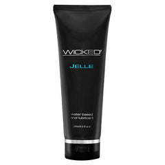 A black tube labeled "Wicked Jelle" with a blue accent. This 240ml (8.0 fl oz) container holds a water-based anal lubricant, perfect for long-lasting anal play, and features a convenient flip-top cap.