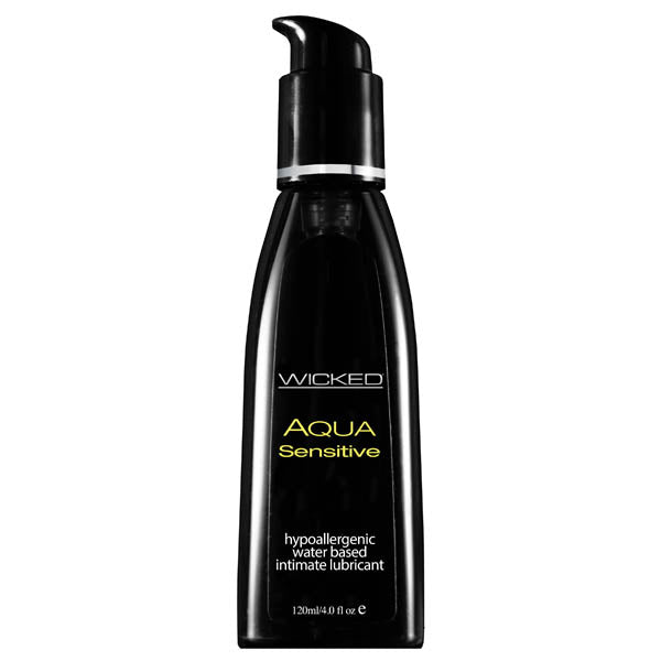 A 120 ml (4.0 fl. oz.) bottle of Wicked Aqua Sensitive intimate lubricant in black, featuring a pump dispenser and labeled "Wicked", "AQUA Sensitive", and "hypoallergenic water based intimate lubricant". Perfect for sensitive skin, this glycerin and paraben-free formula is hypoallergenic.