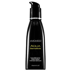 A 120 ml (4.0 fl. oz.) bottle of Wicked Aqua Sensitive intimate lubricant in black, featuring a pump dispenser and labeled "Wicked", "AQUA Sensitive", and "hypoallergenic water based intimate lubricant". Perfect for sensitive skin, this glycerin and paraben-free formula is hypoallergenic.