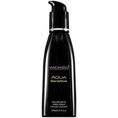 Image of a 240ml (8 fl oz) bottle of Wicked Aqua Sensitive lubricant designed for sensitive skin. The black bottle with a pump dispenser showcases the label reading: "Wicked Aqua Sensitive, hypoallergenic water-based intimate lubricant," and it is free from glycerin and parabens.