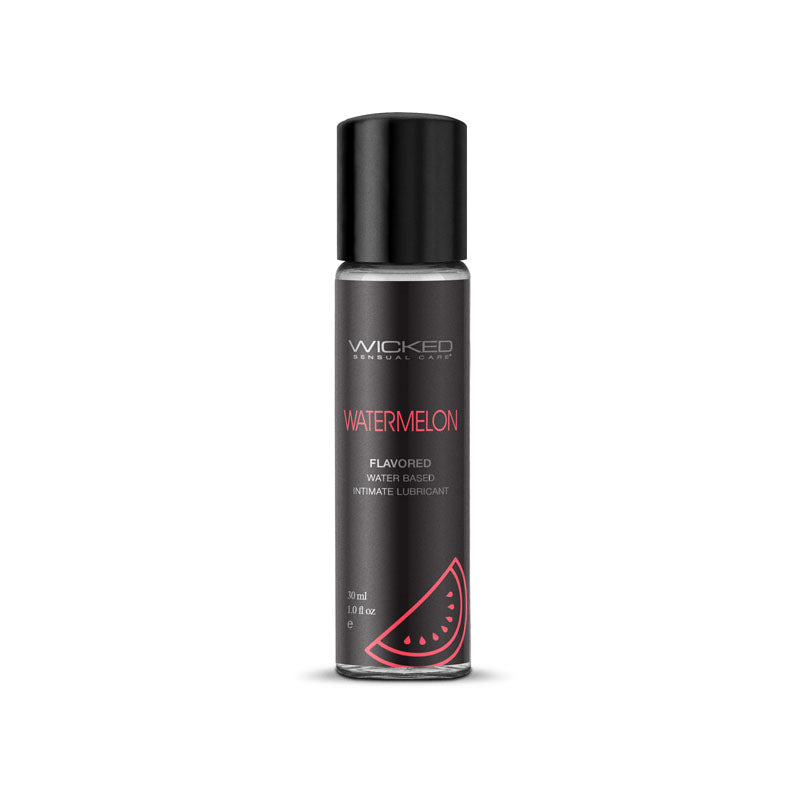 Image of a bottle of Wicked Aqua Watermelon, a water-based intimate lubricant. The 1.0 fl. oz. bottle is black with a red label, featuring the brand name "Wicked" at the top and a graphic of a watermelon slice at the bottom, perfect for enhancing oral pleasures.