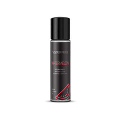 Image of a bottle of Wicked Aqua Watermelon, a water-based intimate lubricant. The 1.0 fl. oz. bottle is black with a red label, featuring the brand name "Wicked" at the top and a graphic of a watermelon slice at the bottom, perfect for enhancing oral pleasures.