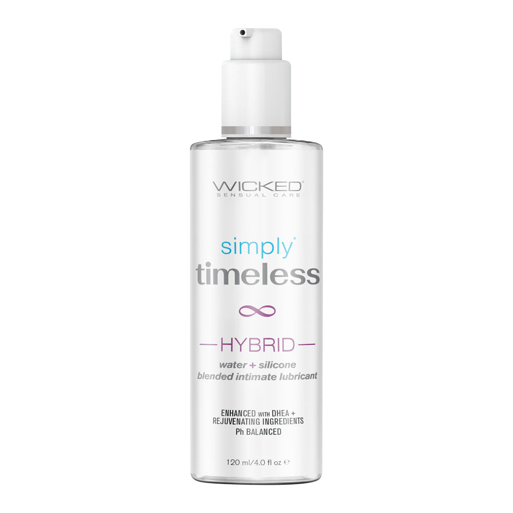 A clear bottle labeled "Wicked Simply Timeless Hybrid Lubricant 120ml" contains 120 ml (4.0 fl oz) of blended intimate lubricant. This product features a mix of water and silicone, enhanced with DHEA and rejuvenating ingredients, making it an ideal vaginal moisturizer for an enhanced intimate experience, and claims to be pH balanced.