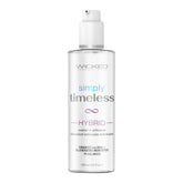 A clear bottle labeled "Wicked Simply Timeless Hybrid Lubricant 120ml" contains 120 ml (4.0 fl oz) of blended intimate lubricant. This product features a mix of water and silicone, enhanced with DHEA and rejuvenating ingredients, making it an ideal vaginal moisturizer for an enhanced intimate experience, and claims to be pH balanced.