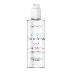 A clear bottle labeled "Wicked Simply Timeless Hybrid Lubricant 120ml" contains 120 ml (4.0 fl oz) of blended intimate lubricant. This product features a mix of water and silicone, enhanced with DHEA and rejuvenating ingredients, making it an ideal vaginal moisturizer for an enhanced intimate experience, and claims to be pH balanced.