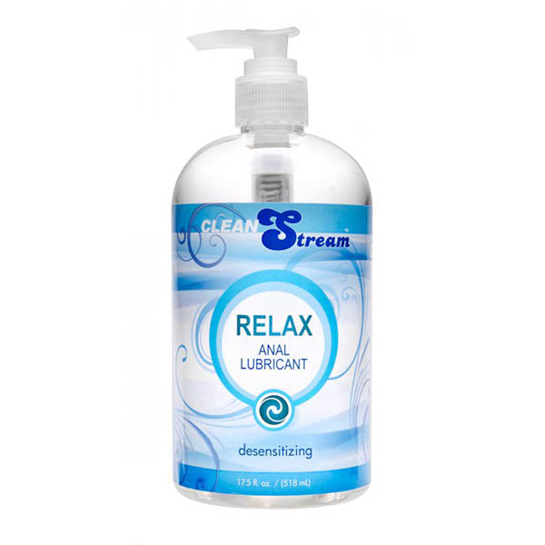 A clear pump bottle labeled "CleanStream Relax Anal Desensitising Lubricant 518ml" features blue and white design elements. This desensitizing lube is ideal for backdoor exploration, and the bottle contains 17.5 fl oz (518 ml).