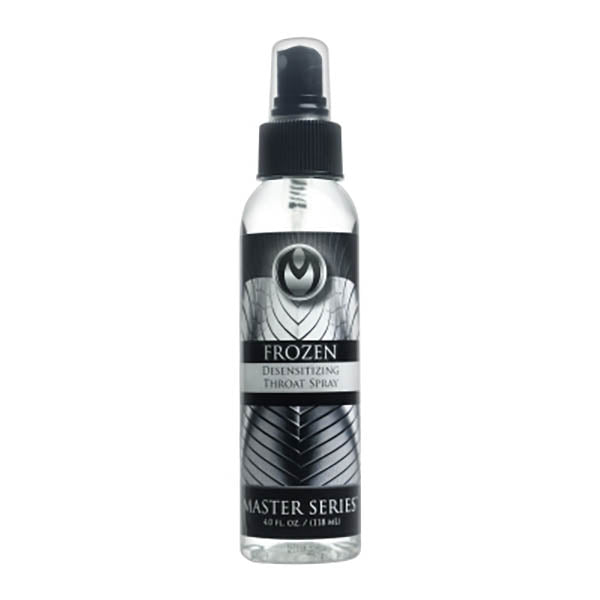 A 118 ml bottle of "Master Series Frozen - Deep Throat Desensitising Spray," infused with winter mint essence. The label features a black and white design with a circular emblem at the top, and the bottle is equipped with a black pump spray nozzle and a clear cap.