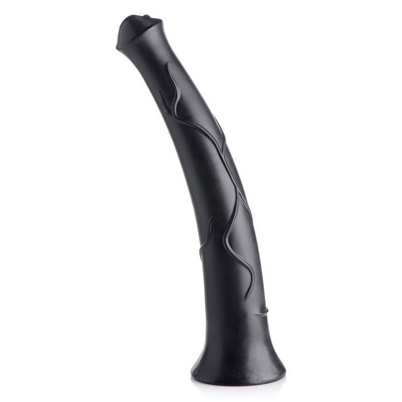 The Master Cock Pony Boy is a black, curved silicone dildo featuring lifelike veins along its shaft in a vine-like pattern, and a flared base for stability.
