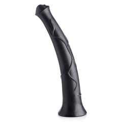The Master Cock Pony Boy is a black, curved silicone dildo featuring lifelike veins along its shaft in a vine-like pattern, and a flared base for stability.