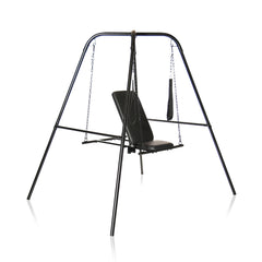 The Master Series Throne is an adjustable black swing set with a padded seat and straps hanging from a sturdy suspension frame. The minimalist design features chains connecting the seat to the top frame, supported by four legs in an A-frame structure.