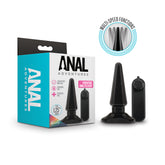 The image showcases the "Anal Adventures Basic Vibrating Anal Pleaser Butt Plug," which comes with a black anal plug and its packaging. The box emphasizes features such as a multi-speed controller and notes that the plug measures 1.25 inches in width, making it ideal for enjoying vibrating anal pleasure.