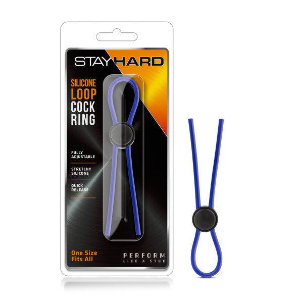 The image showcases the packaging for the "Stay Hard - Silicone Loop Cock Ring." It features the Stay Hard ring, an adjustable blue silicone loop with a black adjustable bead, displayed both inside its clear packaging and separately to the right. Text highlights its quick release feature and stretchy properties.