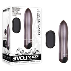 Image of the "Evolved Travel-Gasm Vibrator" displayed next to its packaging. It's a sleek gunmetal bullet personal massager featuring 10 powerful speeds and functions, is rechargeable, waterproof & submersible, and comes with a discreet black carrying case displayed beside it.