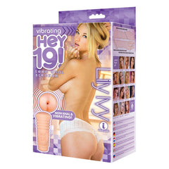 The image showcases the packaging of the "Hey 19! Lilly Ivy - Flesh Teen Vibrating Anal Masturbator," featuring a photo of Lily Ivy in white lace lingerie posing suggestively. Ideal for anal play, the flesh-colored stroker is designed with realistic anatomy and offers pleasurable vibration.