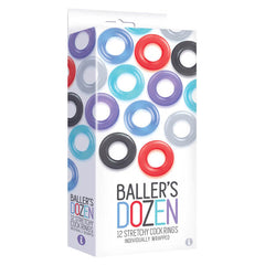 A pack of "Baller's Dozen" Individually Wrapped Cock Rings comes in a white box containing 12 colorful, super-stretchy TPR rings. The packaging showcases various hues such as blue, black, red, purple, and gray. Each ring is individually wrapped to maintain affordability while enhancing erection strength.