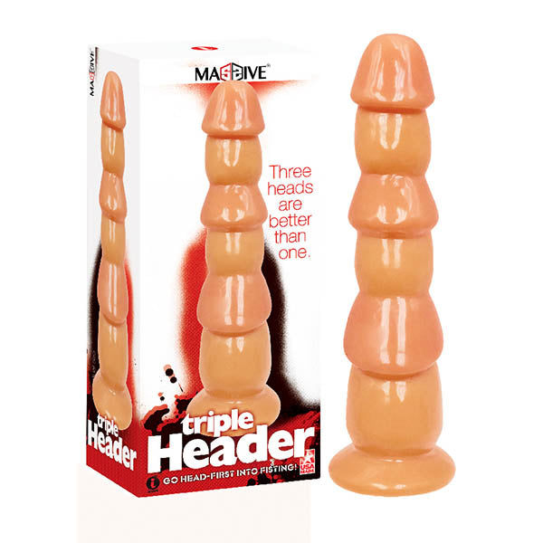 A product image shows an adult toy with three stacked heads next to its packaging. The packaging features the text "Three heads are better than one." The product name "Massive Triple Header - Flesh 3 Dick Head Dildo" is displayed prominently on the box.