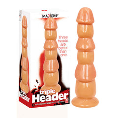 A product image shows an adult toy with three stacked heads next to its packaging. The packaging features the text "Three heads are better than one." The product name "Massive Triple Header - Flesh 3 Dick Head Dildo" is displayed prominently on the box.
