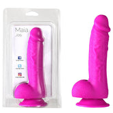 A purple silicone dildo with a strong suction base is shown both in its clear packaging and out of the packaging. The packaging features the name "Maia Josi" and icons for Facebook and Instagram. The realistic 20.3 cm silicone dong is made from medical grade full silicone, ensuring a lifelike shape and texture.