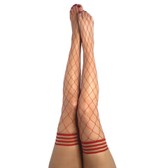 A pair of legs flaunting the stunning Kixies CLAUDIA Large Diamond Red Fishnet Thigh Highs is showcased against a white background. The large fishnets extend from the feet to mid-thigh, featuring thicker horizontal bands at the top. The toes are adorned with red nail polish. The legs are positioned vertically and elegantly crossed at the ankles.
