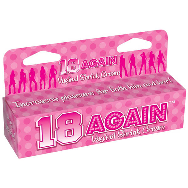 A pink box with a polka dot pattern labeled "18 Again!" The packaging features silhouettes of women and the caption "Increasing pleasure for both him and her." The box includes two cutout handles at the top for easy carrying.