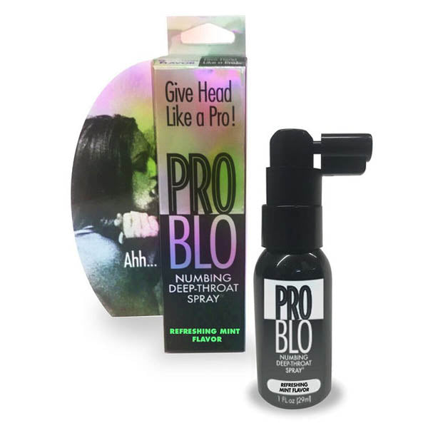 A small black bottle with a spray nozzle labeled "ProBlo Deep Throat Numbing Spray - Mint Flavoured" is positioned in front of its box. The box features a kissing couple with text "Give Head Like a Pro!" and "Ahh..." against a colorful background, highlighting its effectiveness for oral sex.