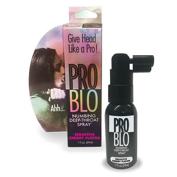 A black spray bottle labeled "ProBlo Deep Throat Spray - Cherry Flavoured" stands in front of its packaging. The packaging features an image of two people in an intimate embrace with the text "Give Head Like a Pro!" on the box, ideal for reducing gag reflex during oral sex.