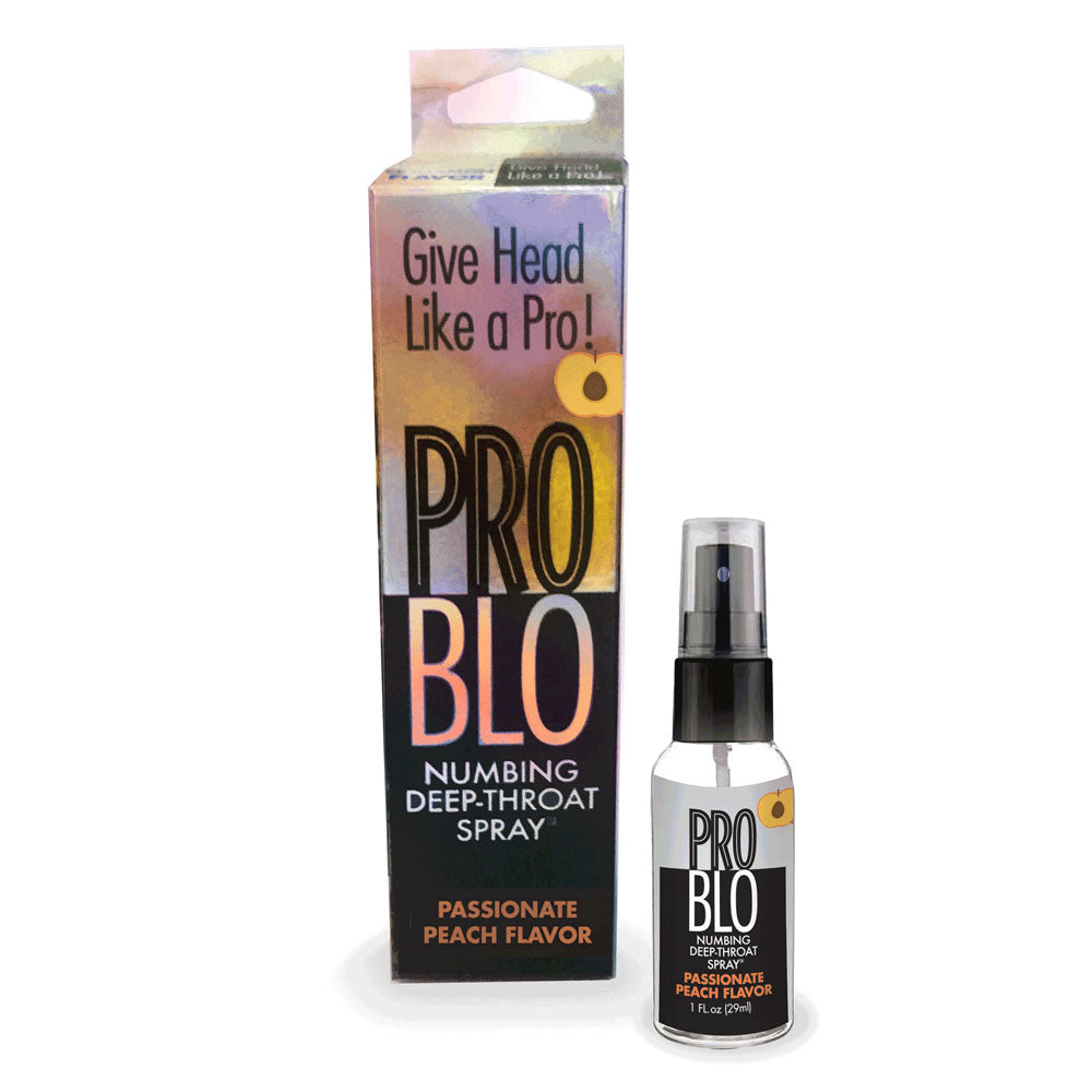 Image of ProBlo Deep Throat Spray - Peach. The box is upright, prominently displaying the product name and tagline "Give Head Like a Pro!" The bottle is positioned in front of the box, showcasing identical branding and highlighting that this oral desensitiser contains Benzocaine.