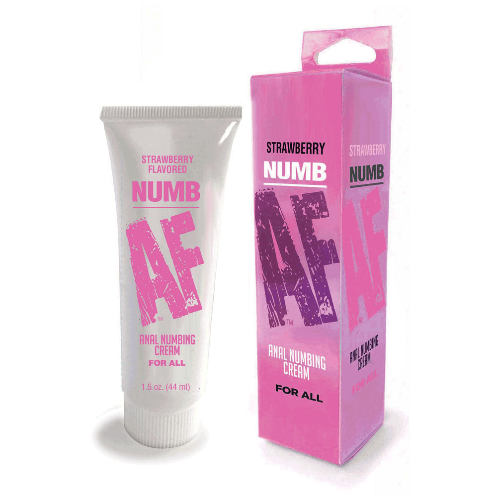 A tube and box of "Numb AF - Strawberry Oral Desensitiser." The white tube with bold pink text displays the product name and flavor. The matching pink box features the same information. Labels indicate it is suitable for all kinds of oral use and contains 1.5 oz (44 ml).