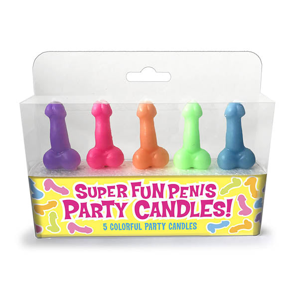 A plastic box contains five Super Fun Penis Candles in vibrant colors purple, pink, orange, green, and blue. Perfect for a hens party, the packaging features a yellow strip with the text, "Super Fun Penis Party Candles! 5 Colorful Party Candles.