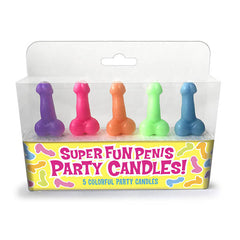 A plastic box contains five Super Fun Penis Candles in vibrant colors purple, pink, orange, green, and blue. Perfect for a hens party, the packaging features a yellow strip with the text, "Super Fun Penis Party Candles! 5 Colorful Party Candles.