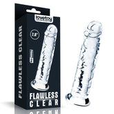 A product image showcasing the Flawless Clear Dildo 7'' - Clear 17.8 cm Dong, featuring realistic details and a skin-safe, transparent design with a suction cup base. The black packaging box displays white text reading "lovetoy", along with the model name "Flawless Clear" and the size "7.0"".