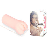 A cylindrical adult toy next to its packaging box. The box features an image of a woman wearing minimal clothing, with the product name "Kokos Sandara" displayed on it. Made from real-feel silicone, the toy is light pink and offers enhanced stimulation, with dimensions indicated as 20 cm in length and 8 cm in diameter.